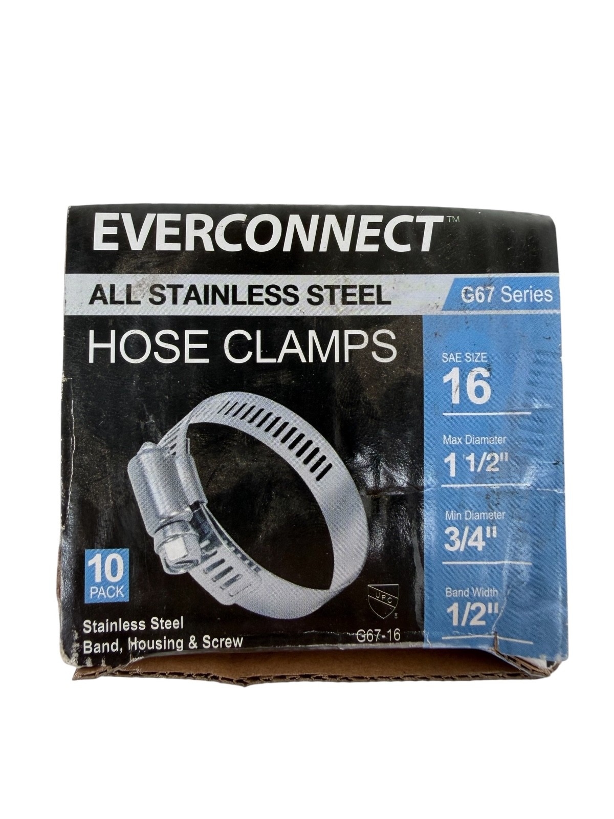 Everconnect G67-16 Stainless Steel Hose Clamps SAE Size 16 3/4" - 1-1/2" 10-Pack