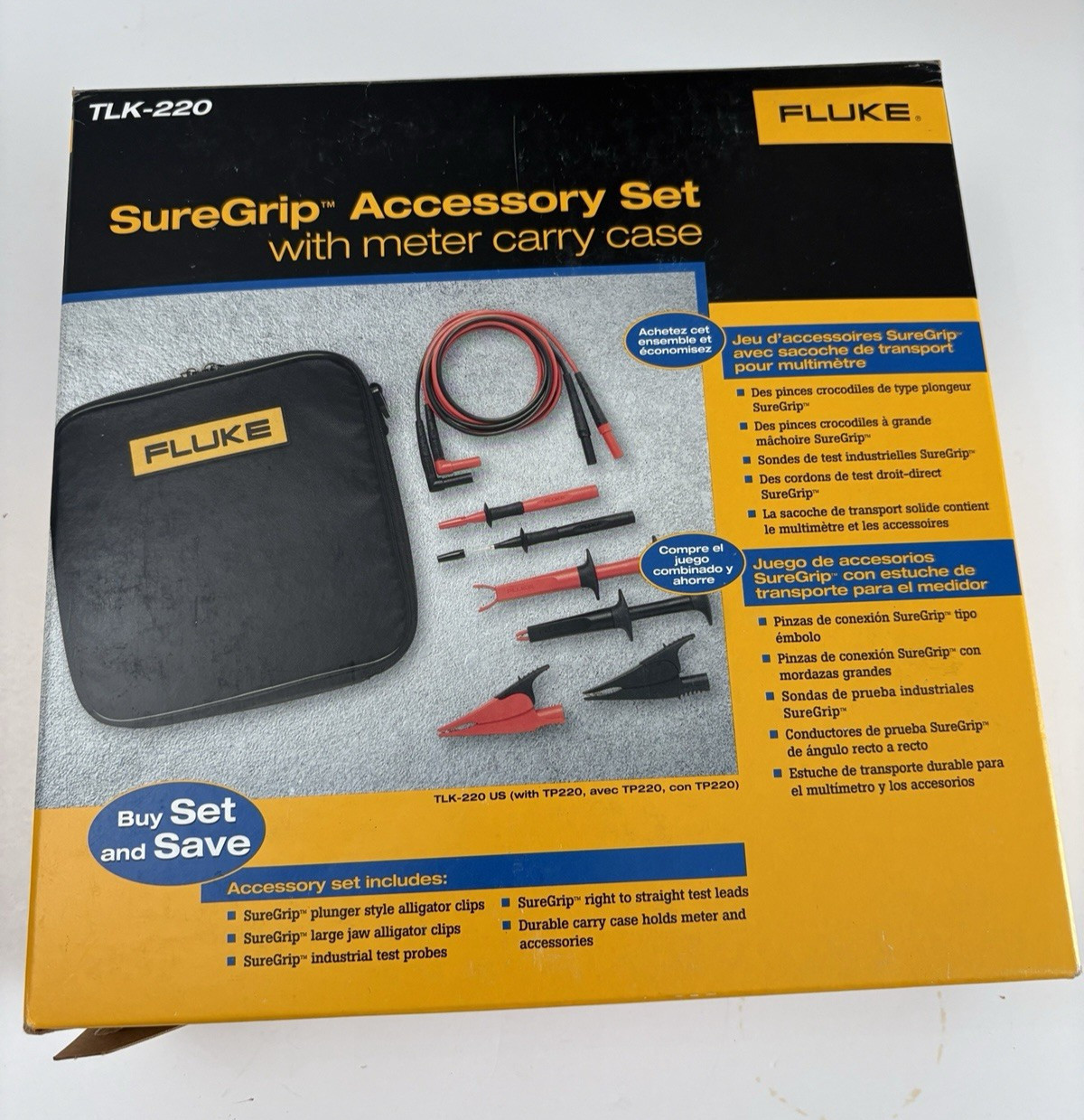 Fluke TLK-220 SureGrip Accessory Set w/ Carry Case Test Leads Probes Brand New