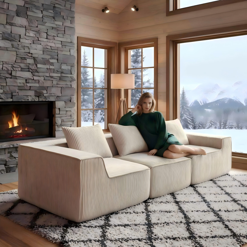 Beige 3-Seat Sectional Sofa w/ All-Foam Deep Seating, Modern Couch