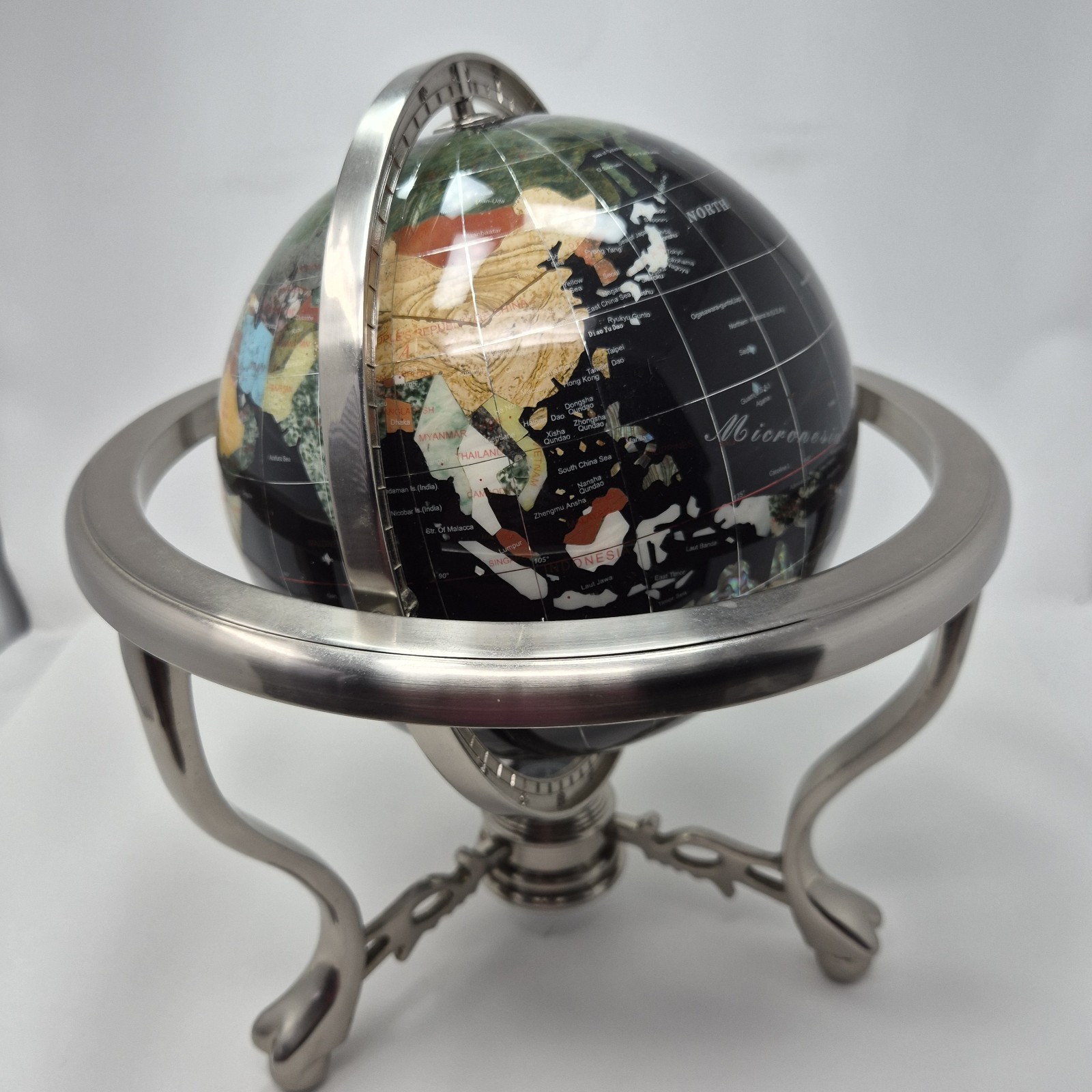 14" Black Ocean Silver 3- Leg Table Stand Gem Gemstone World MAP & Compass Globe