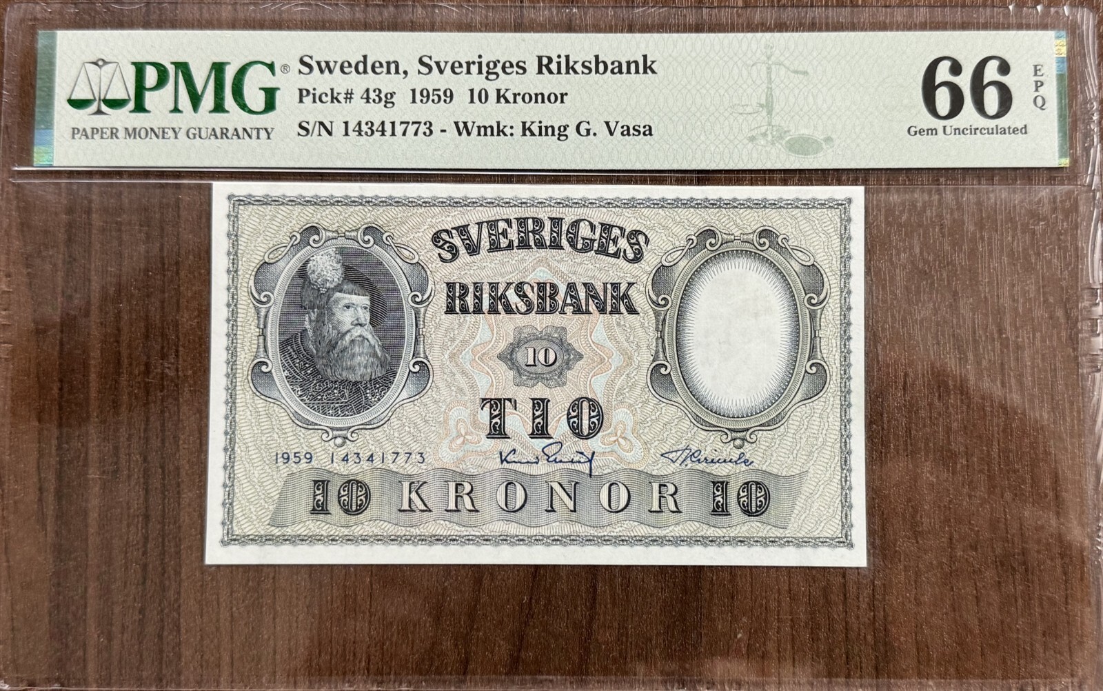 SWEDEN Sveriges Riksbank 10 Kronor 1959 BANKNOTE S/N14341773 GU66 EPQ PMG