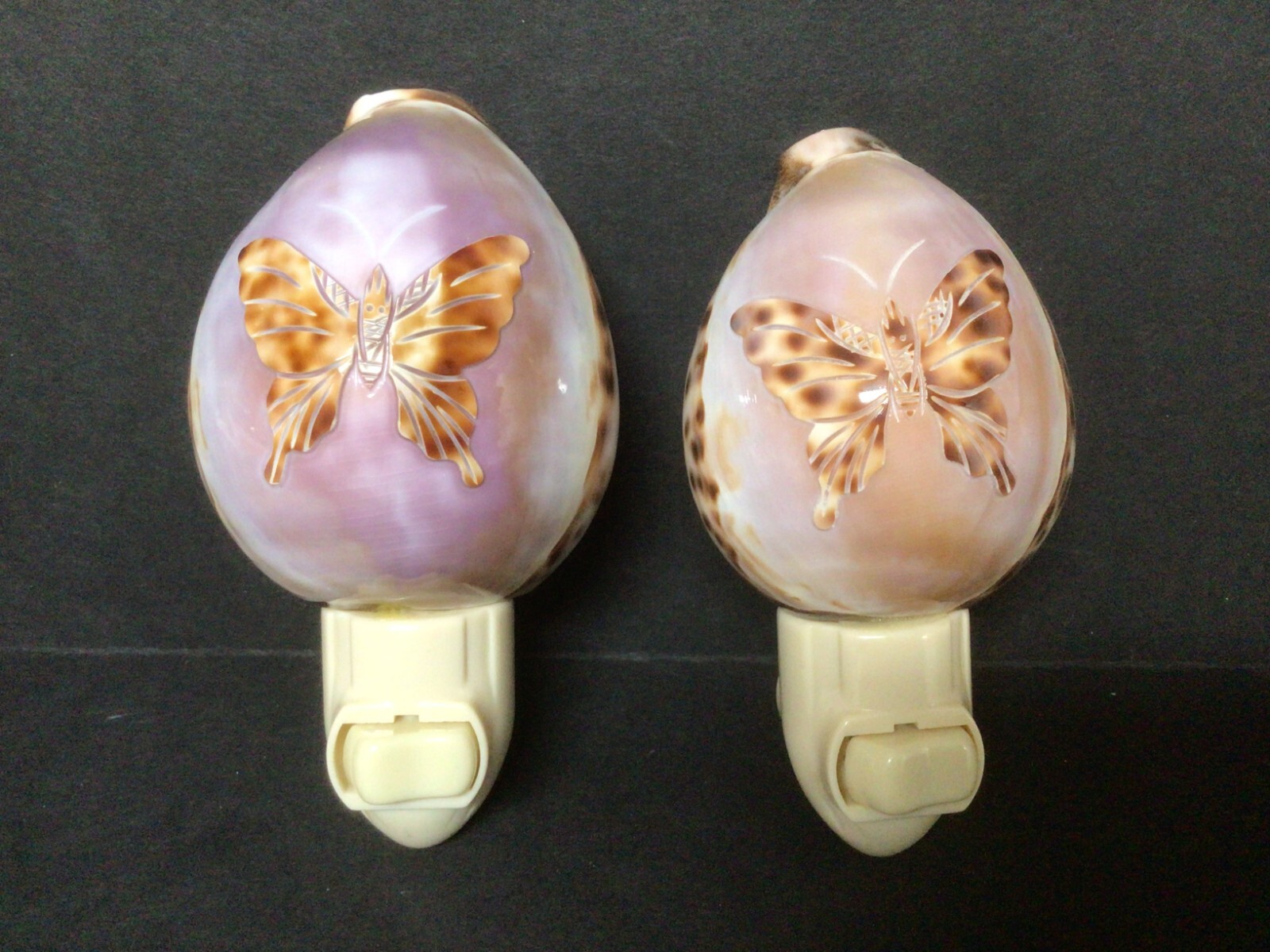 Butterfly Cowrie Sea Shell Night Light Pair 2 Carved Kitchen Bathroom Decor 932A