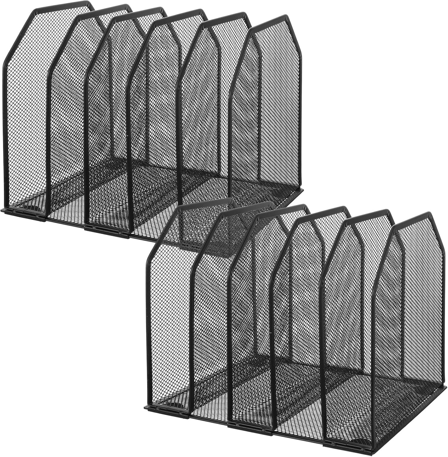 2 Pcs Vertical File Organizer for Desk - Metal Mesh Holder with 5 Compartments,