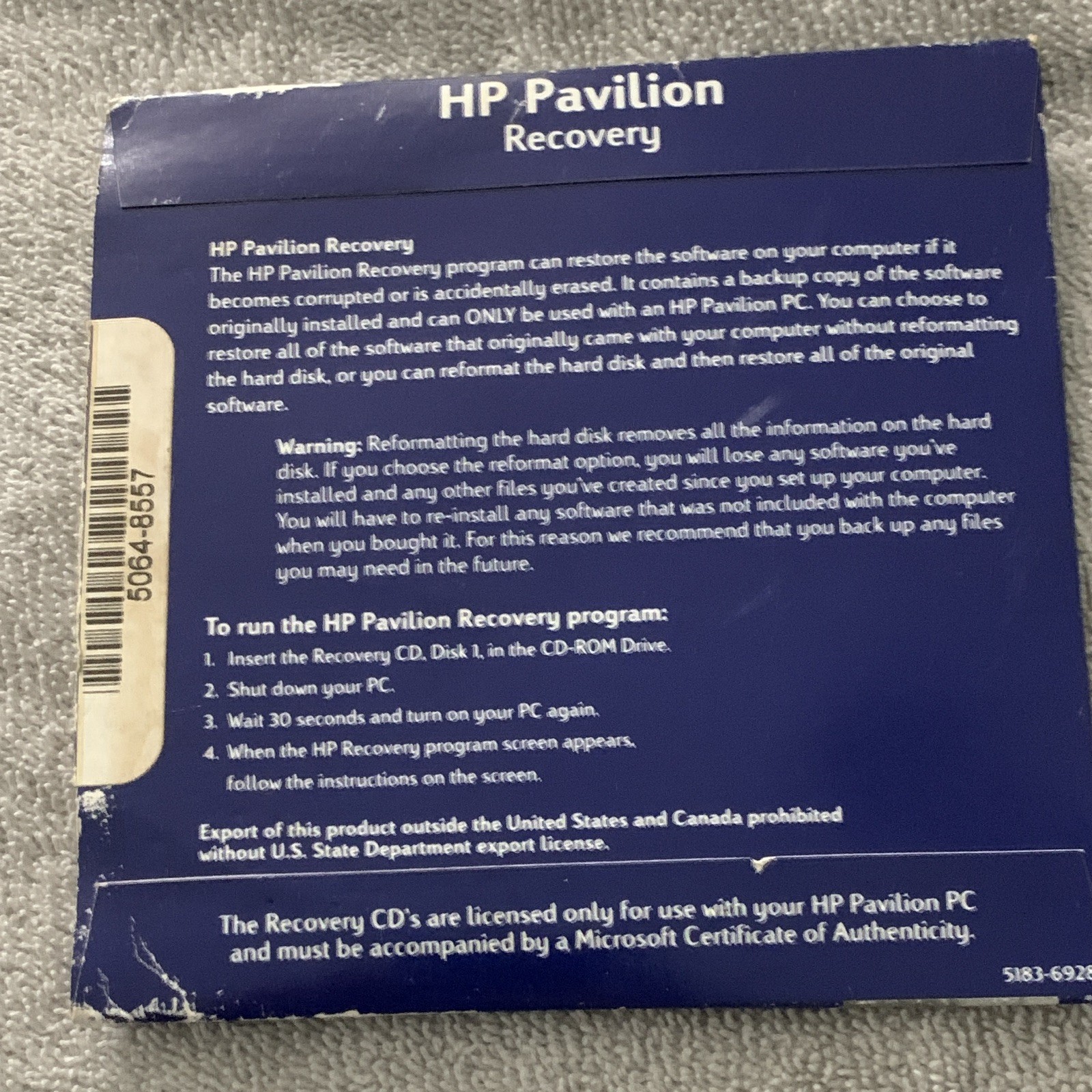 HP Pavilion Recovery CD Set for Windows System Disc 1/2 & Application Disc 2/2
