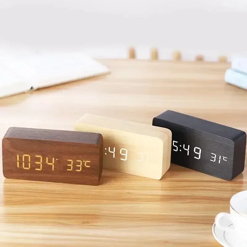 Modern Wooden Wood Digital LED Desk Alarm Clock Thermometer Qi Wireless Charger
