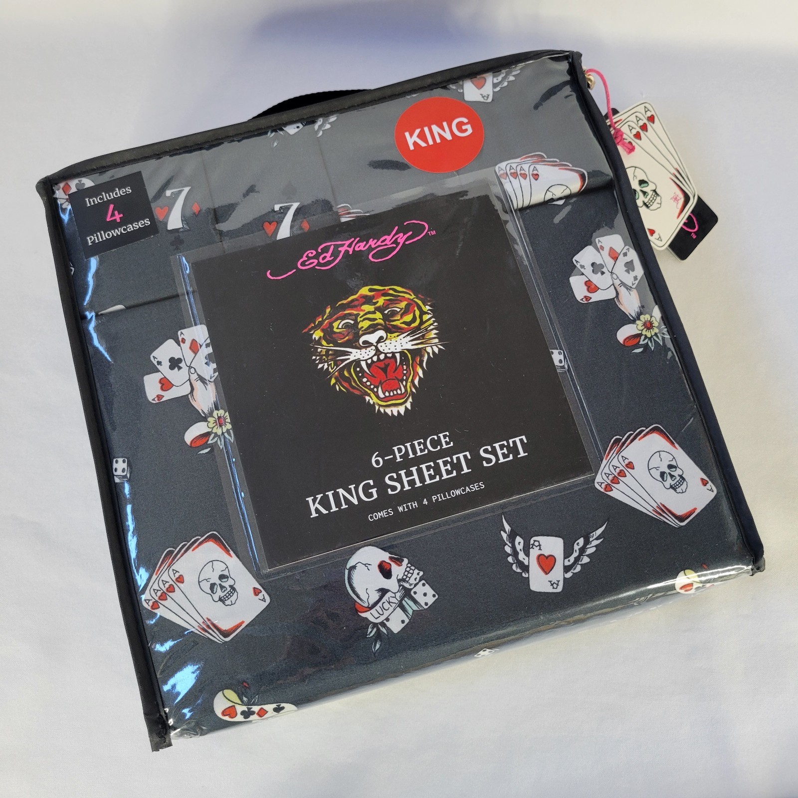 Ed Hardy KING Sheets Set 6pc Black White Skull Ace Cards Dice Lucky 7 Tattoo