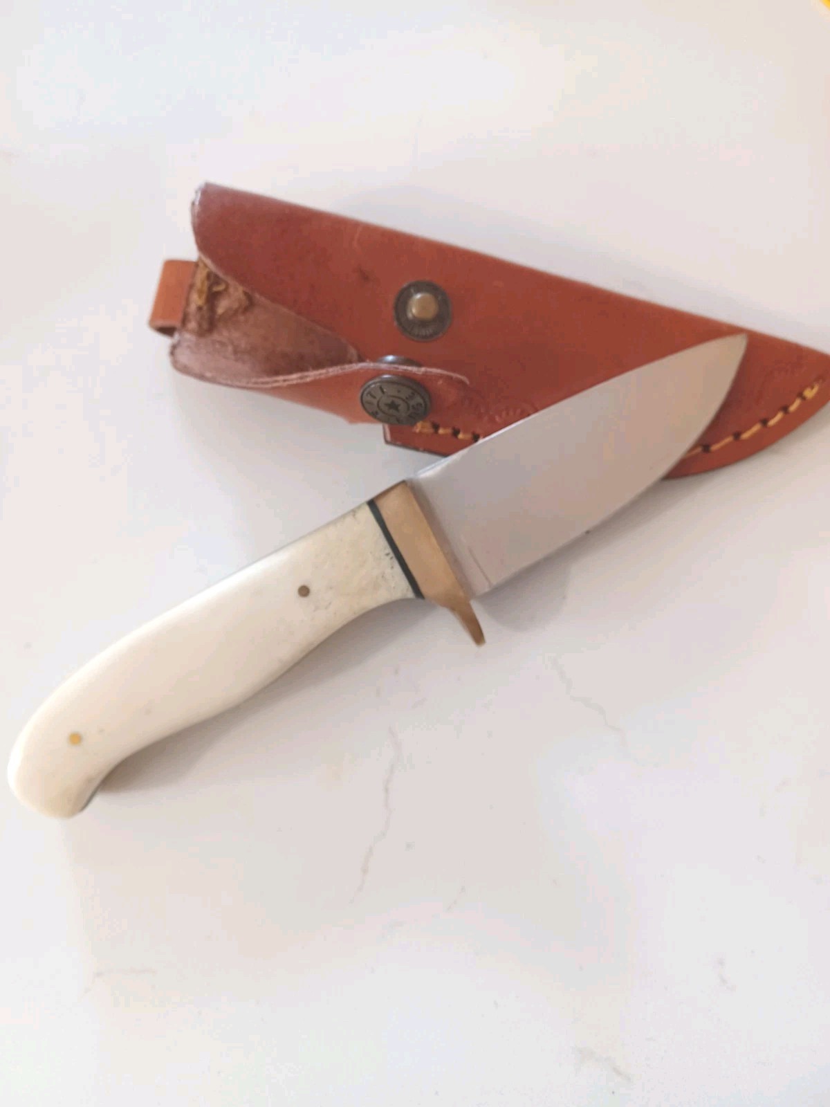 Hunting Knife, Bone Handle Leather Sheah. Brass Bolster Hand Crafted Bargain