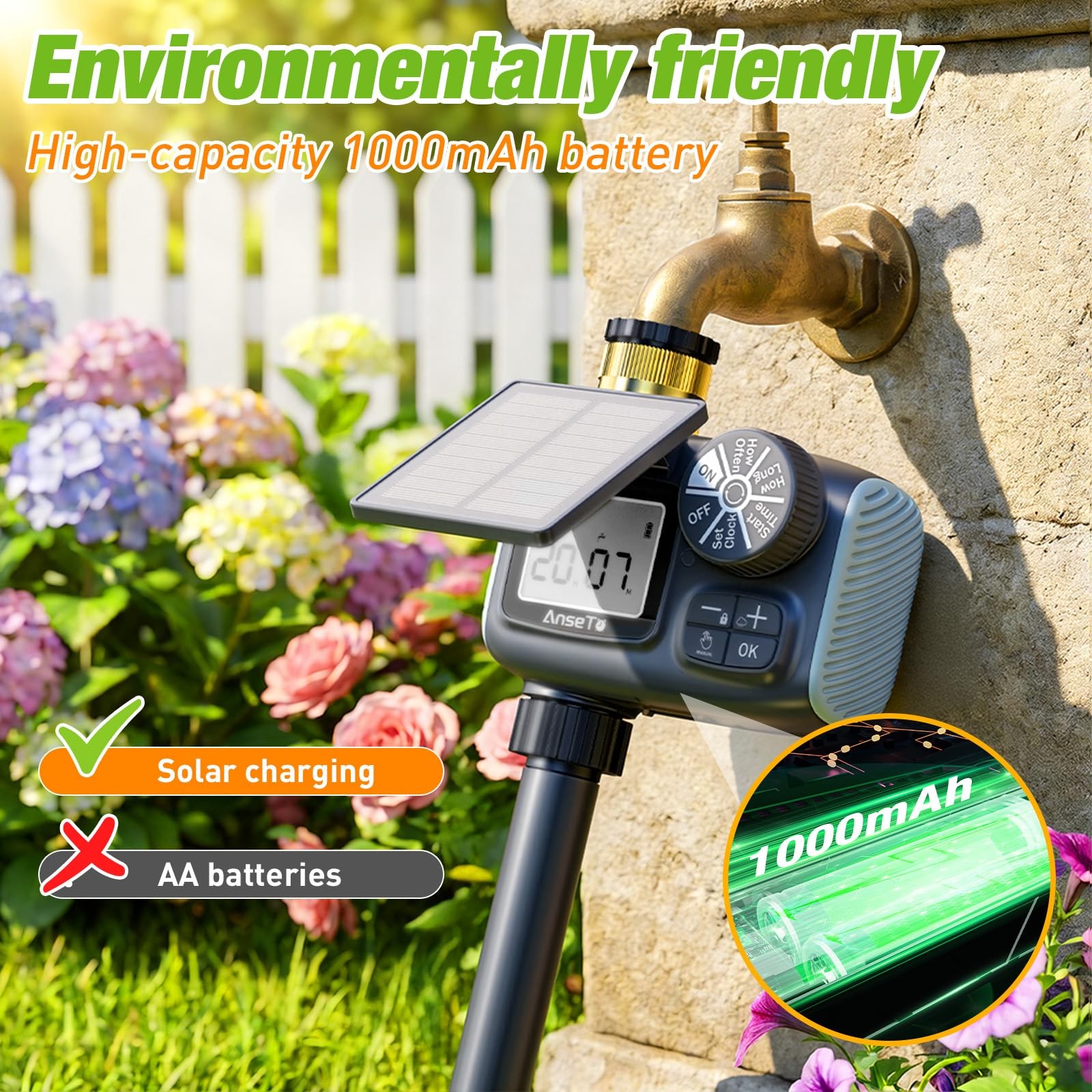 Solar Sprinkler Timer, Type~C Rechargeable, Programmable Faucet Controller