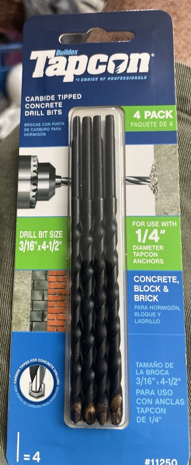 4pk TapCon 11250 Carbide Tipped Concrete Drill Bits 3/16”x 4.5” NEW