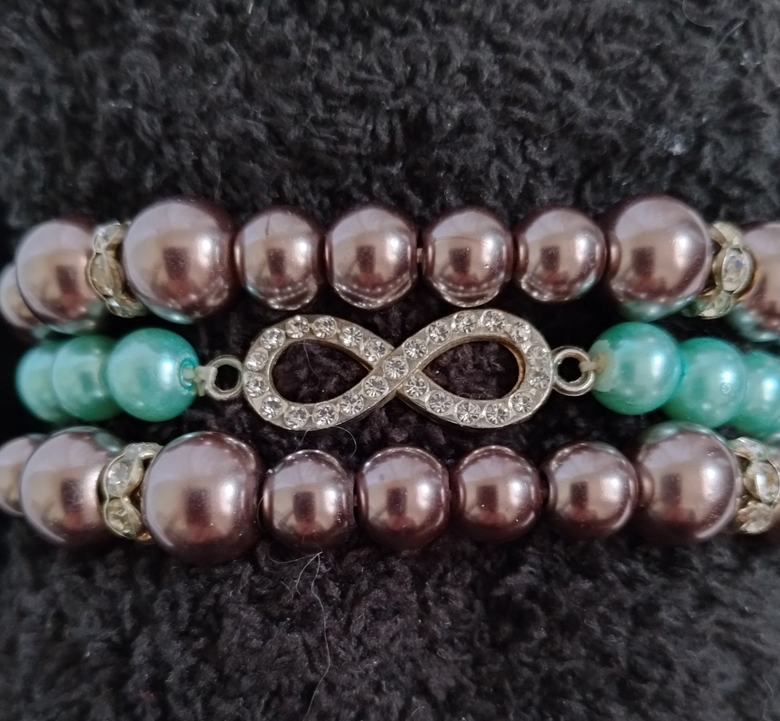 Set Of Three Beaded Bracelets Pearled Brown And Teal Infinity Symbol Crystals