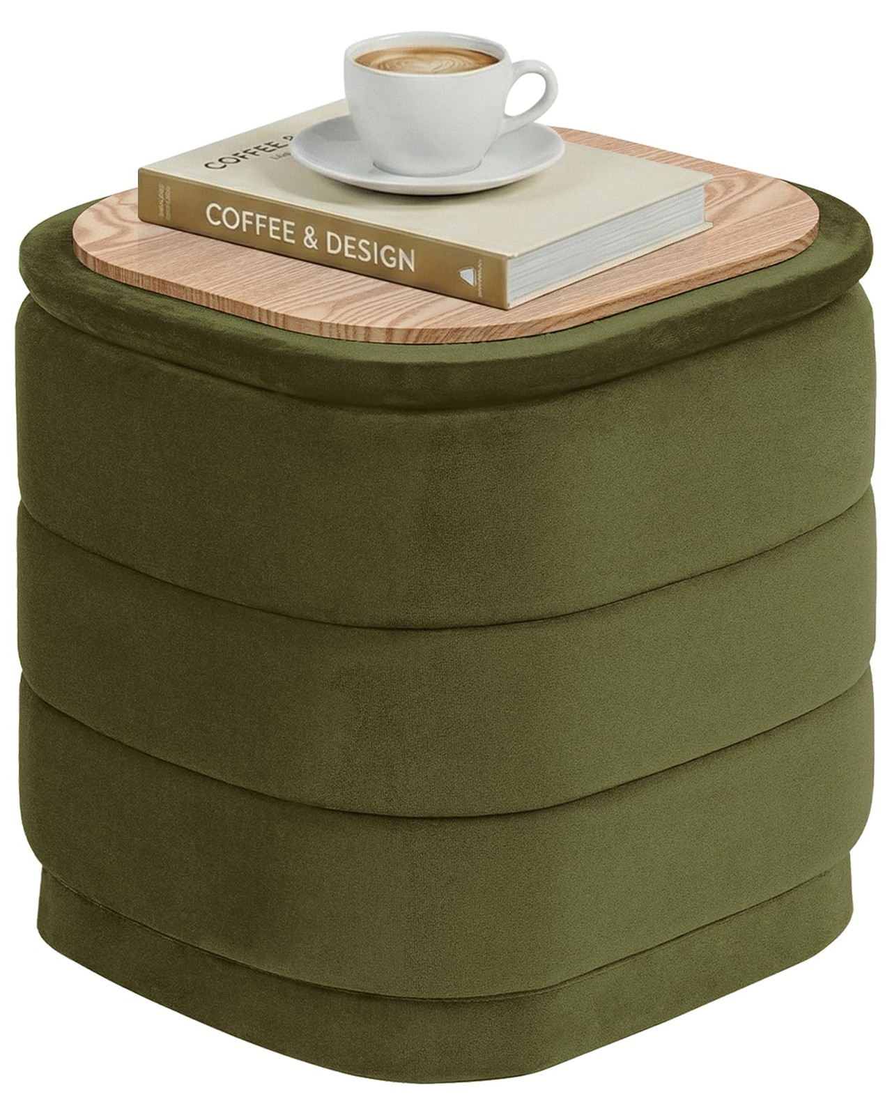 Olive Green Velvet Ottoman with Tray - Stylish Storage Foot Rest 15" Square