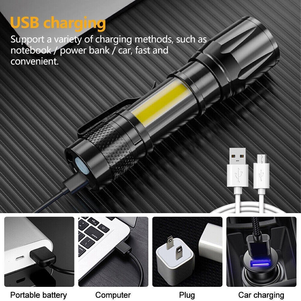 2Pcs Mini LED Torch Light USB Rechargeable Zoomable Flashlight Camping Lamp