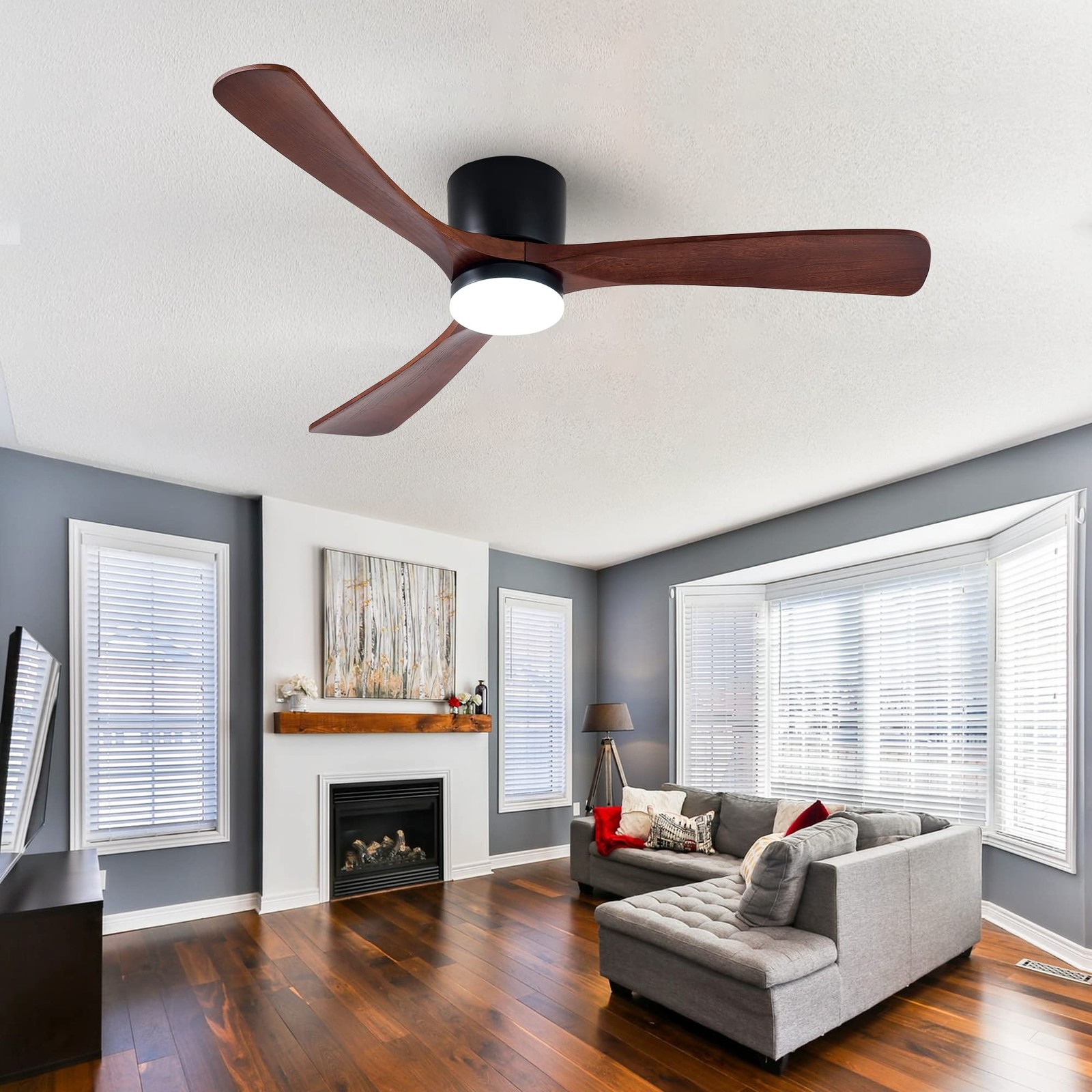 52" Flush Mount Ceiling Fan with Lights Remote Control, 3 Blades Wood Ceiling...