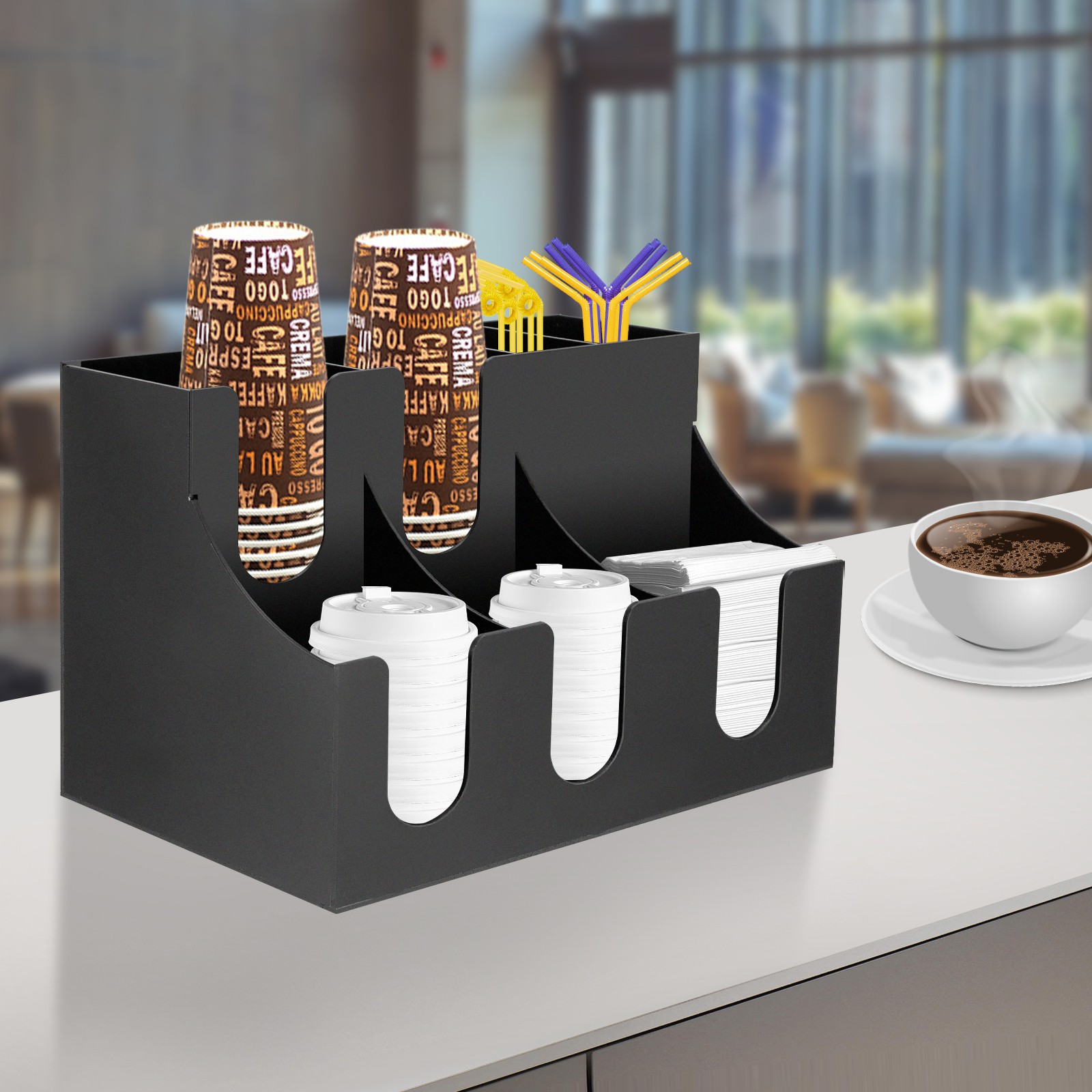 Black Acrylic Cup & Condiment Dispenser Holder, 7 Compartments