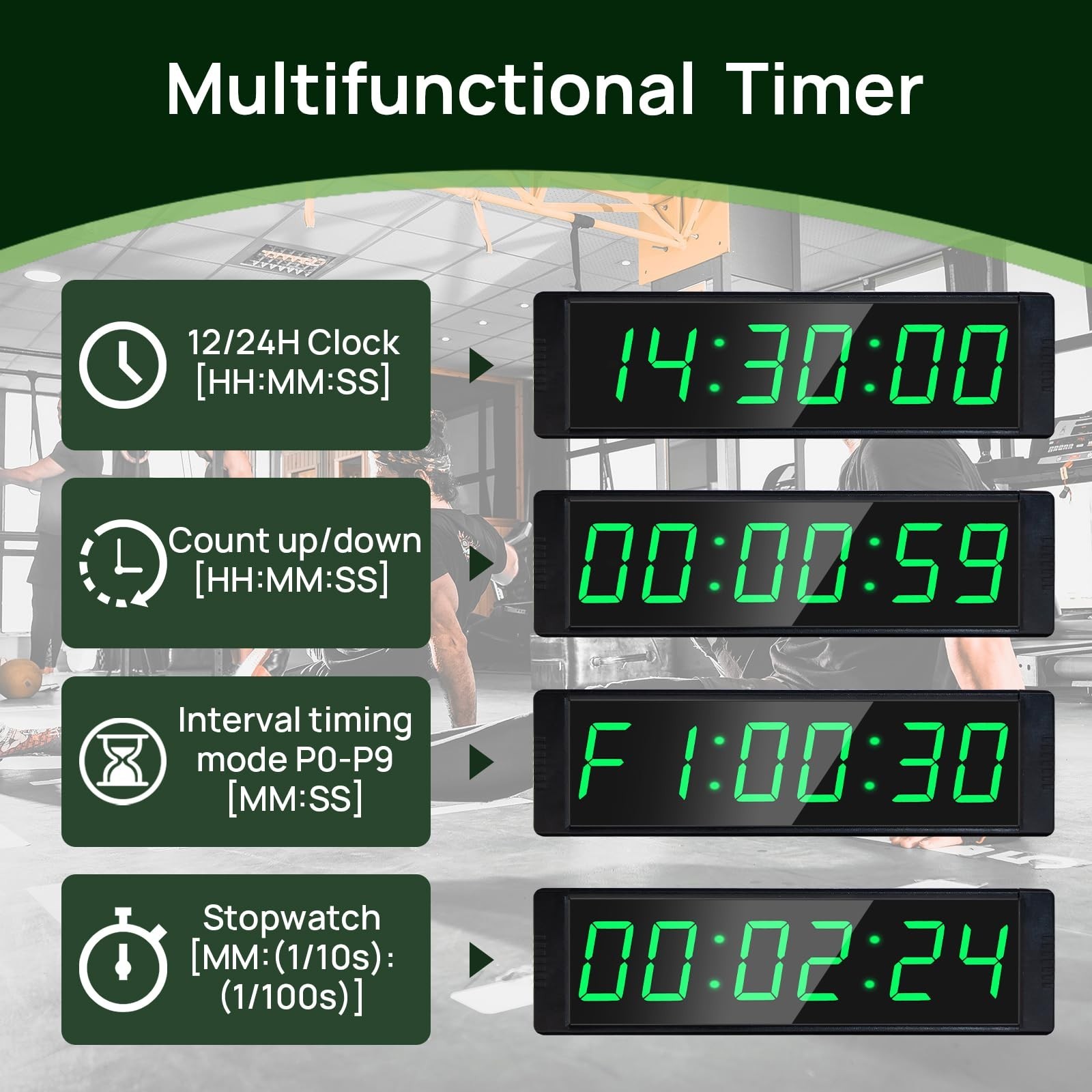 Digital Gym Clock with Interval Timer & Stopwatch, Remote Control, 12/24H Wall C
