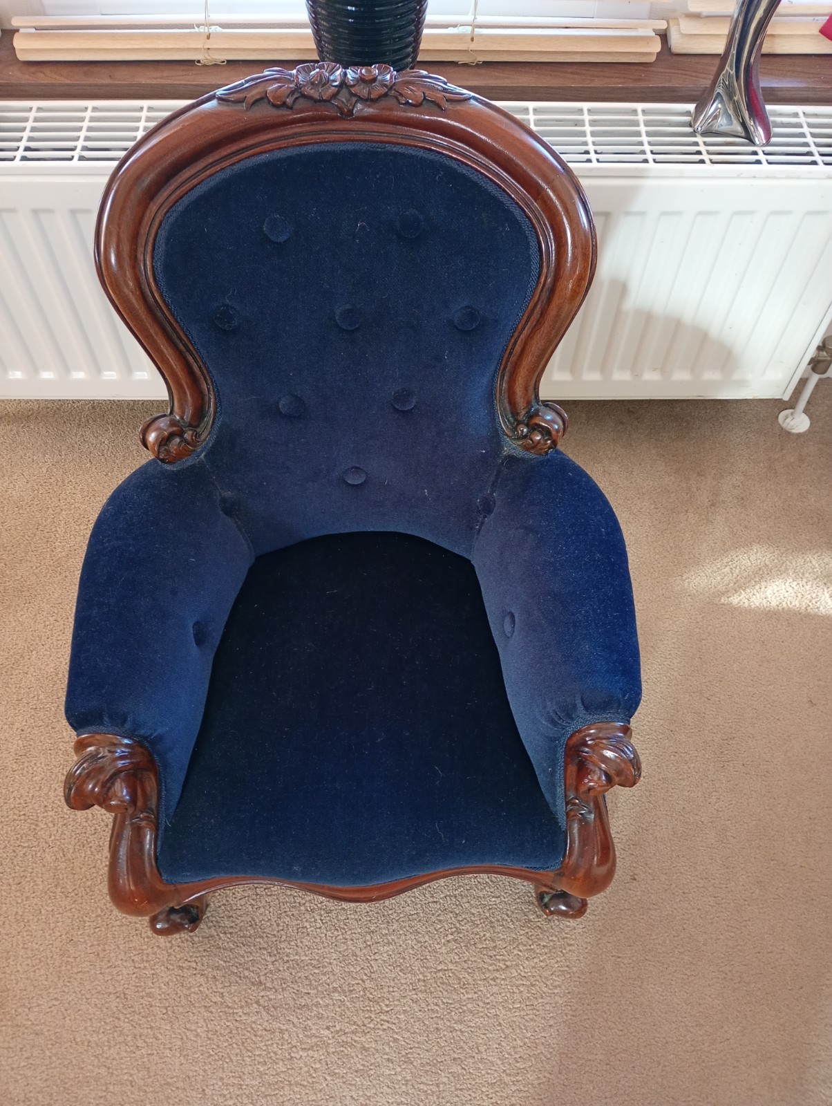 Beautiful Miniature handcarved   VICTORIAN - STYLE ARMCHAIR  in velvet  good con