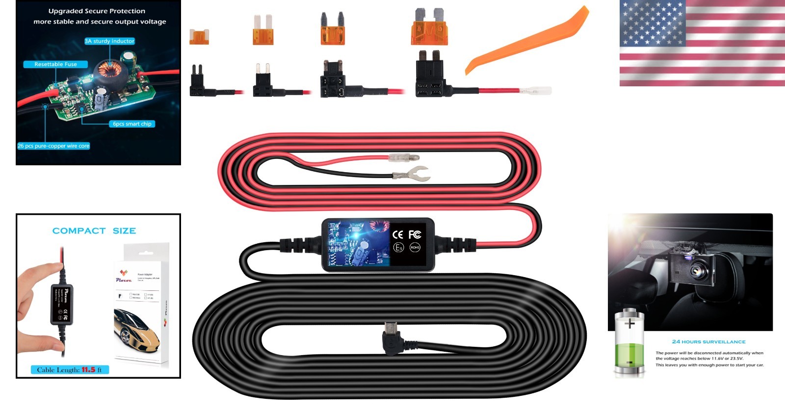 Universal Hardwire Kit for Dash Cams – Mini USB to USB C with Installation Tool