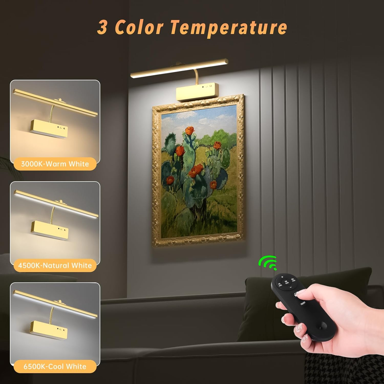 Picture Light with Remote, 15.35Inch Wireless Rechargeable Battery Wall Light fo