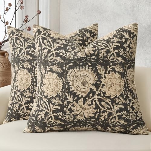 Vintage Floral Print Throw Pillow Covers 20x20 Set 20" x 20" (Pack of 2) Black