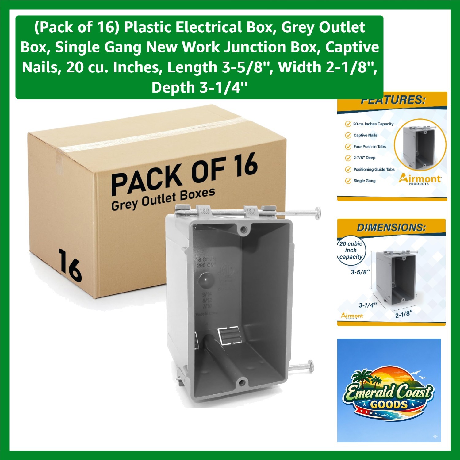 Pack of 16 Plastic Electrical Box, Grey Outlet Box, Single Gang New Work Junc...