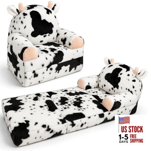 Toddler Chair with Faux Rabbit Fur – 2-in-1 Foldable Kids Couch, Soft Sofa cow