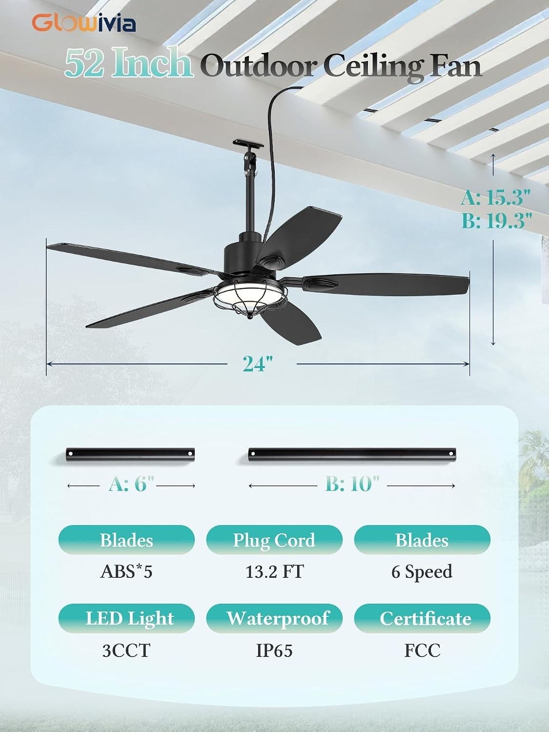 Large 52 in Ceiling Fan Indoor - Quiet DC Motor, Remote Control - Black