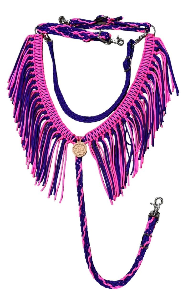 Horse Fringe Breast Collar pink and purple  With Wither Strap