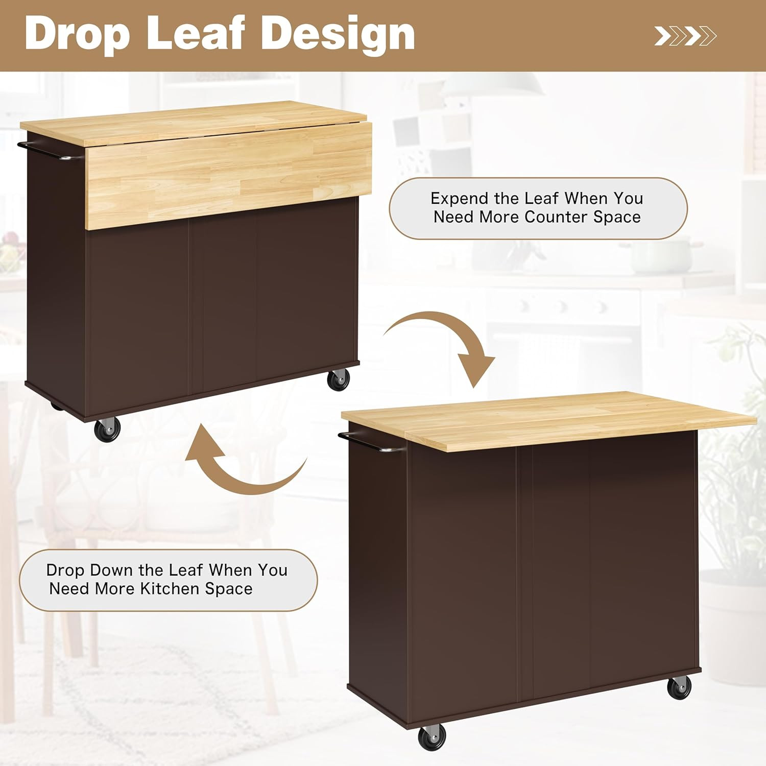 Kitchen Island with Folding Drop Leaf, Rolling Island Table with Storage, Kitche