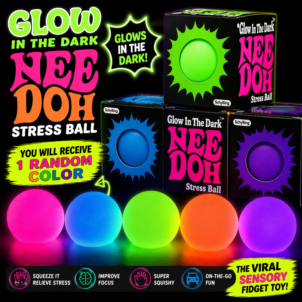 Glow In The Dark NEEDOH Stress Ball TikTok Fidget Toy Random Color NEW AUTHENTIC