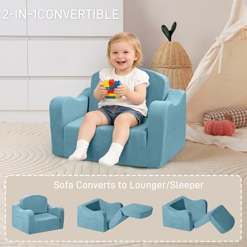 Thick Comfy Toddler Chair and Couch for Kids,2-in-1 Kids Couch Corduroy Blue