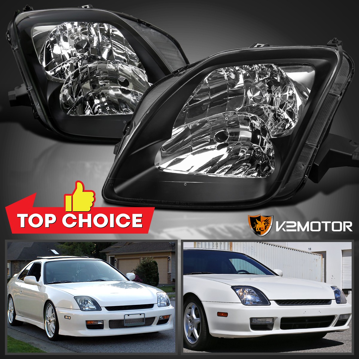 Black Fits 1997-2001 Honda Prelude Headlights Head Lamps Replacement Left+Right