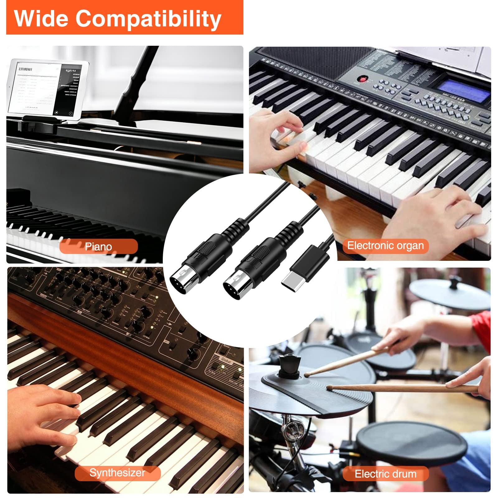 MIDI Cable, MIDI to USB C, Type-C MIDI Interface with Input & Output Connecti...