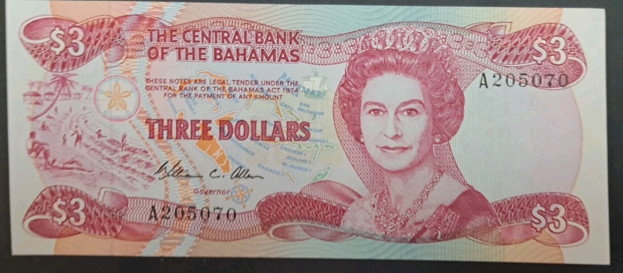 (1986) Bahamas 3 Dollars P44 A205070.