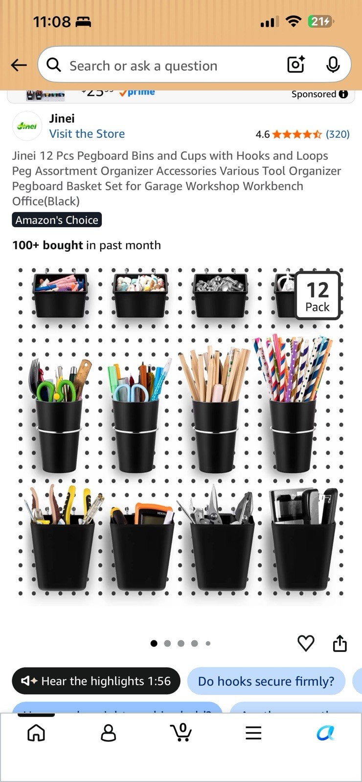 Black 20 Pc Organizer Set On Peg Board.  Crafts, Tools,  Or Access.
