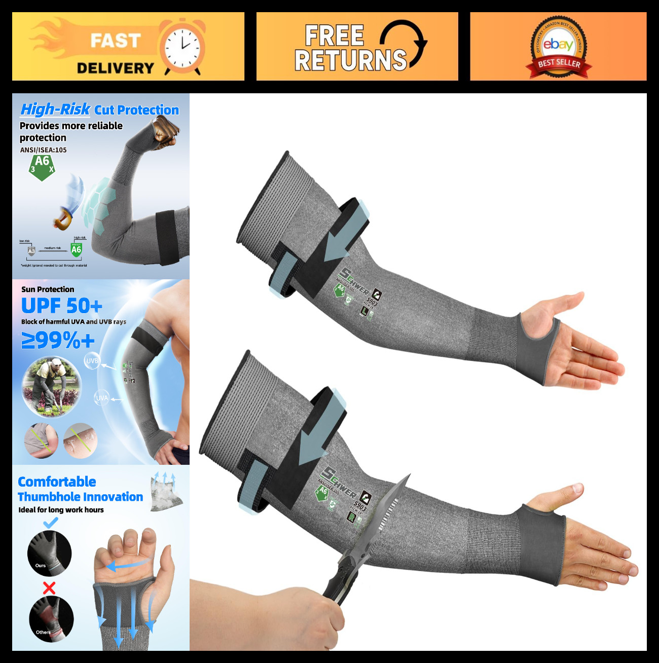 Cut Resistant Arm Sleeves for Men & Women, UPF50+ UV Protection, Lightweight Coo
