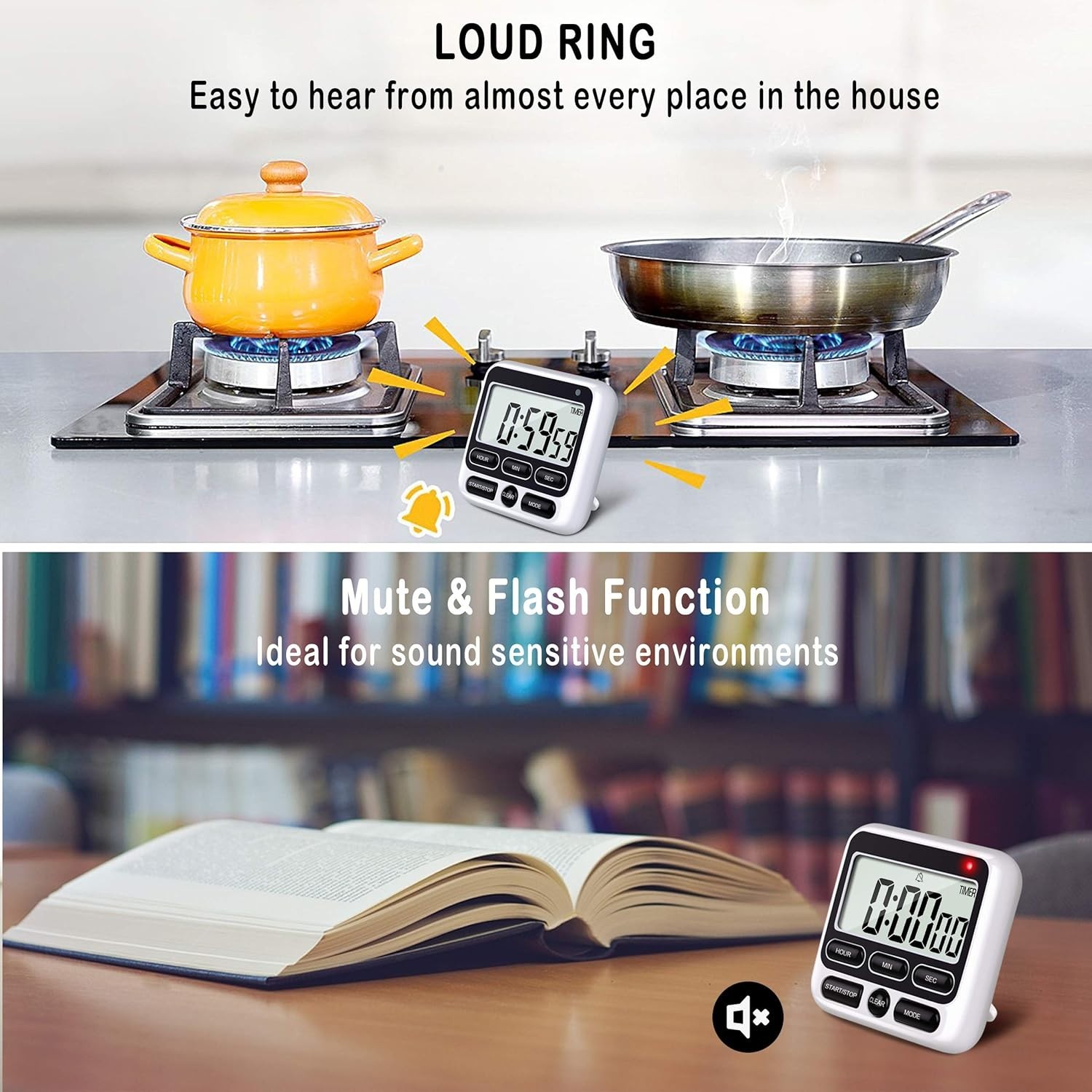 Ktkudy Digital Kitchen Timer – Mute/Loud Alarm, 12-Hour Clock & Memory Function