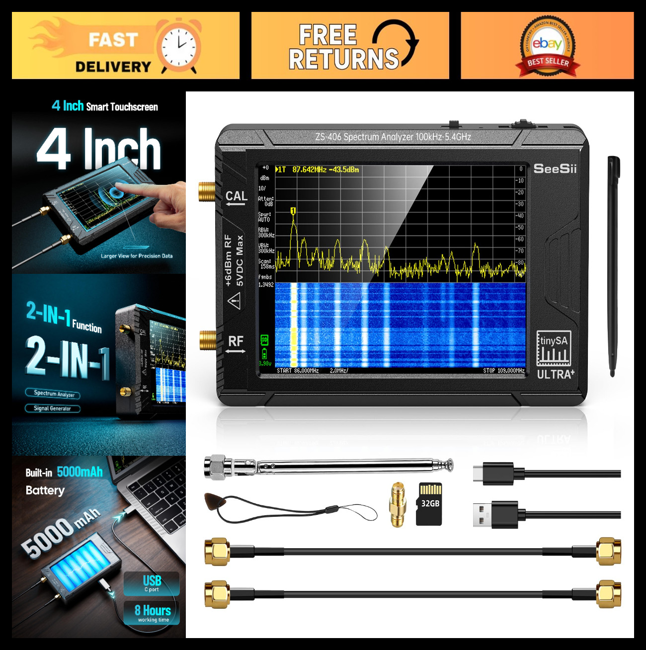 Handheld Spectrum Analyzer 100kHz-5.4GHz, 4" Display, 32GB Card, Signal Generato