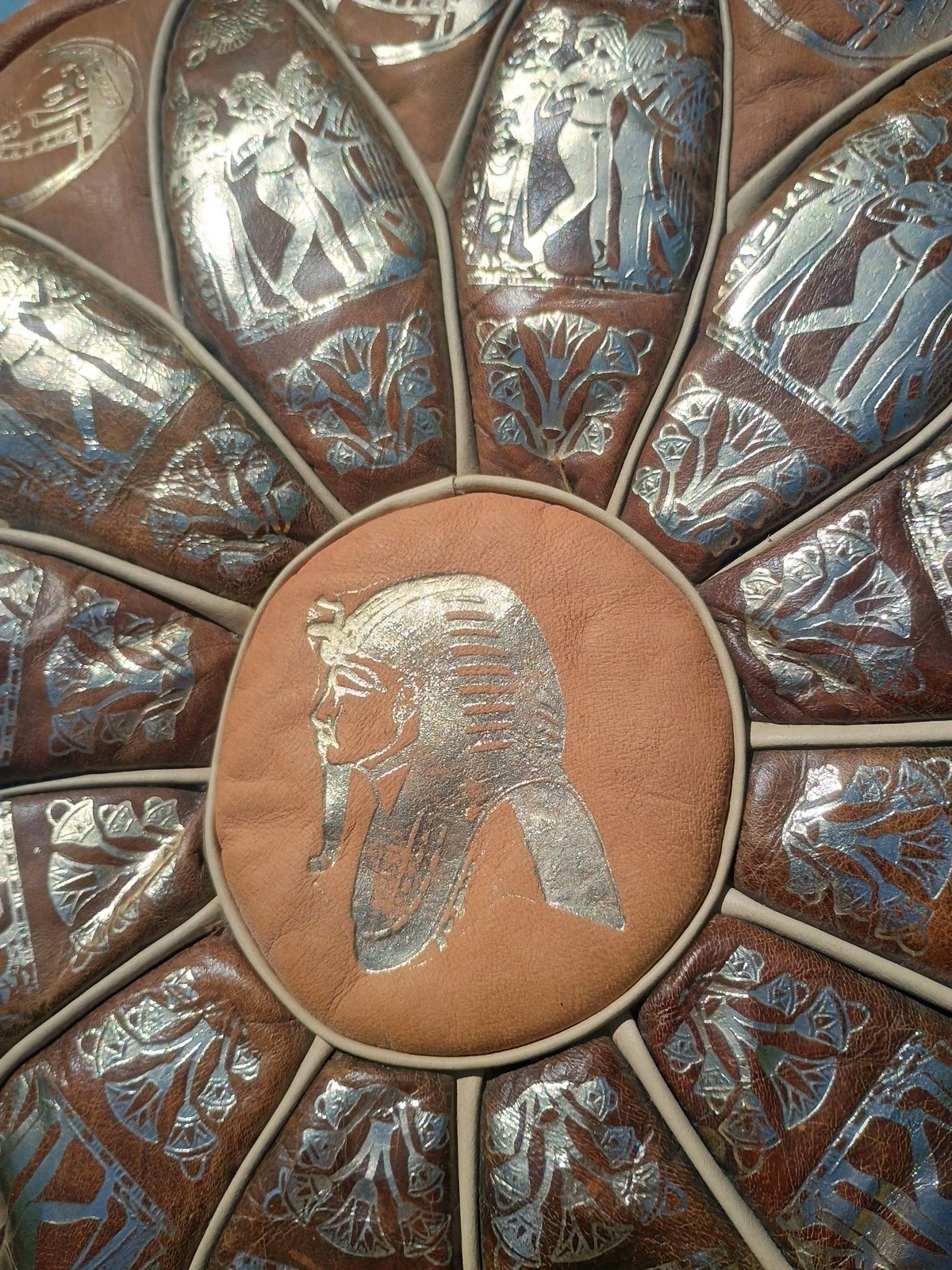 Vtg Mid Century Egyptian Decor Leather Gold Printed Ottoman Pouf 19" Foot Rest