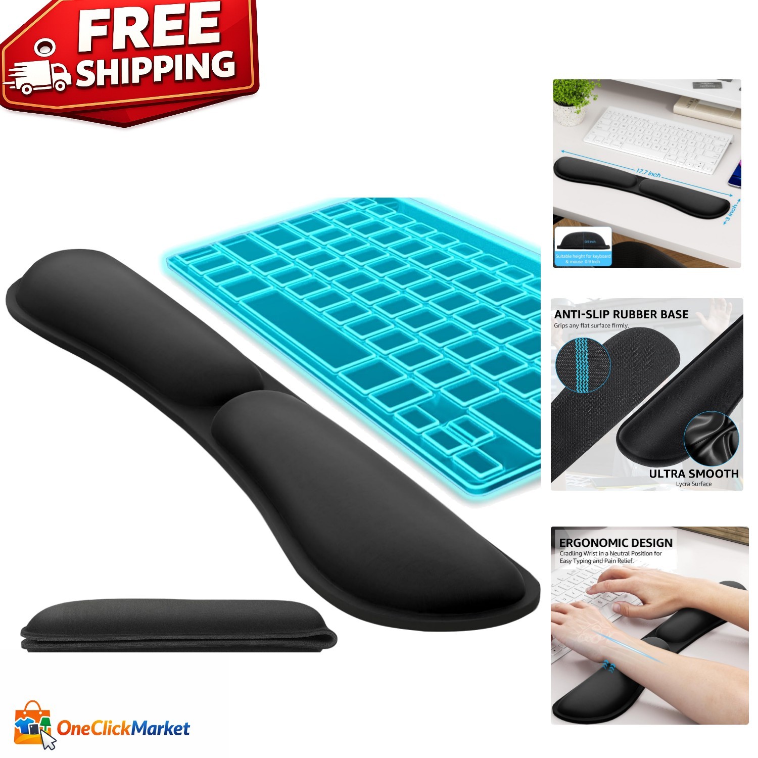 Non-Slip Ergonomic Wrist Rest - Black Memory Foam for Enhanced Typing Comfort