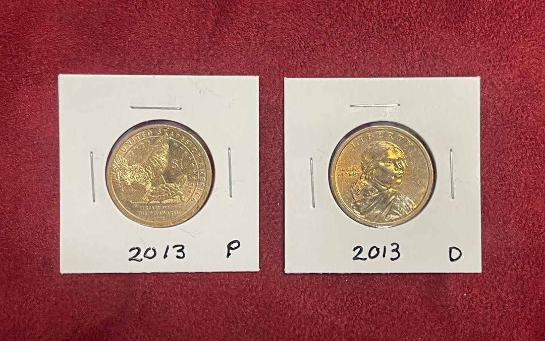 2013 $1 Dollar Sacagawea P & D - 1778 Treaty with the Delawares- 2 Coin Set