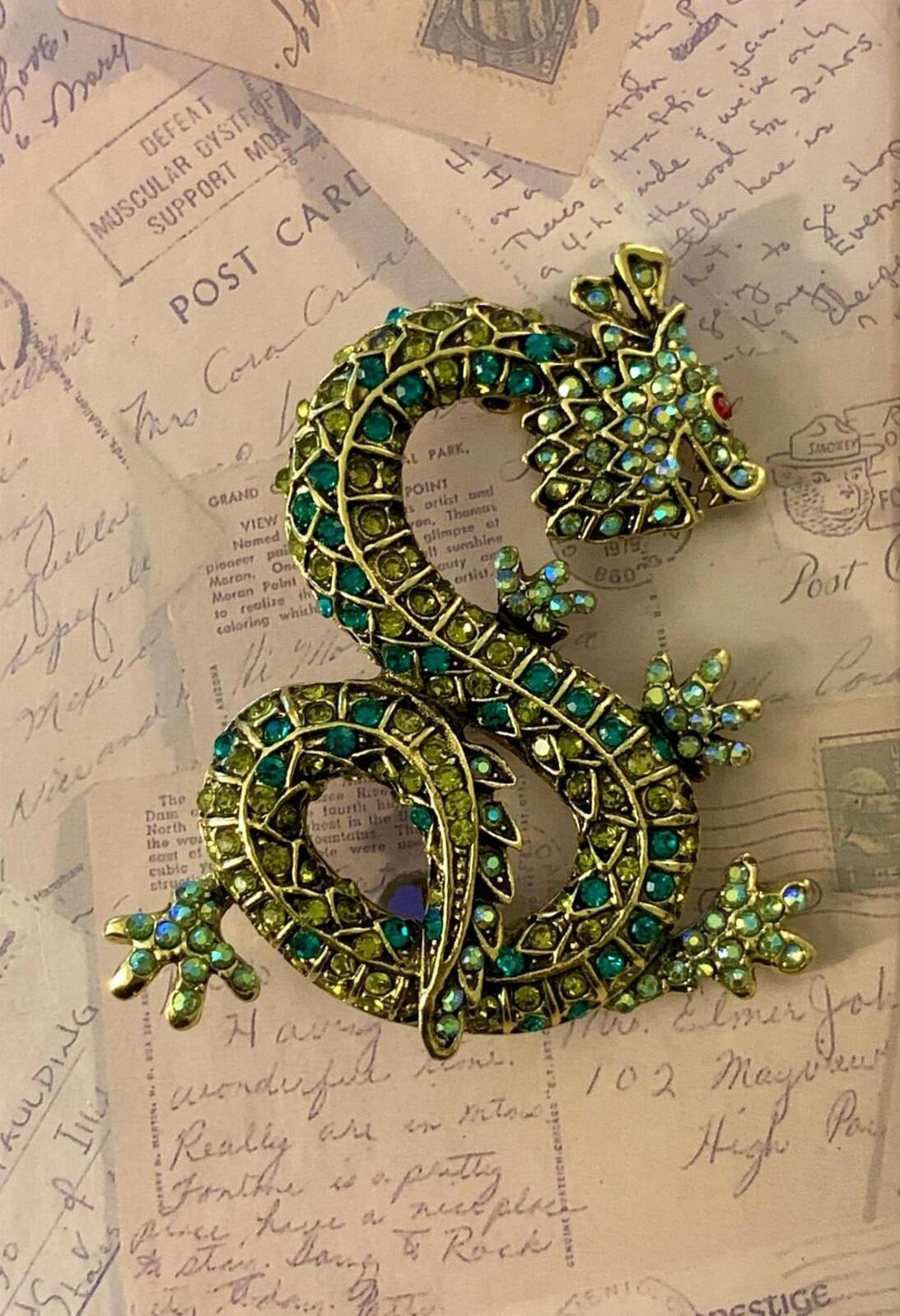 Sparkling Dragon Brooch with Green Rhinestones - Eye-Catching Statement Pin