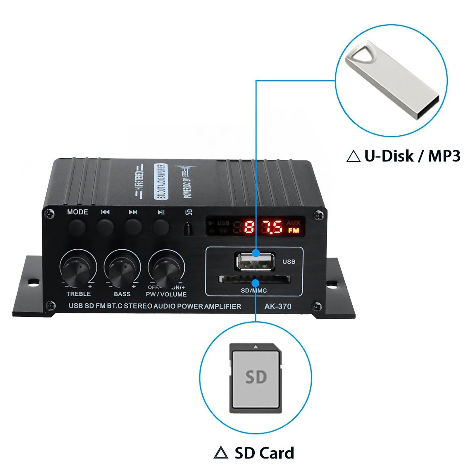 AK370 Power Digital Amplifier Bluetooth HIFI Stereo SD Card U disk AUX input