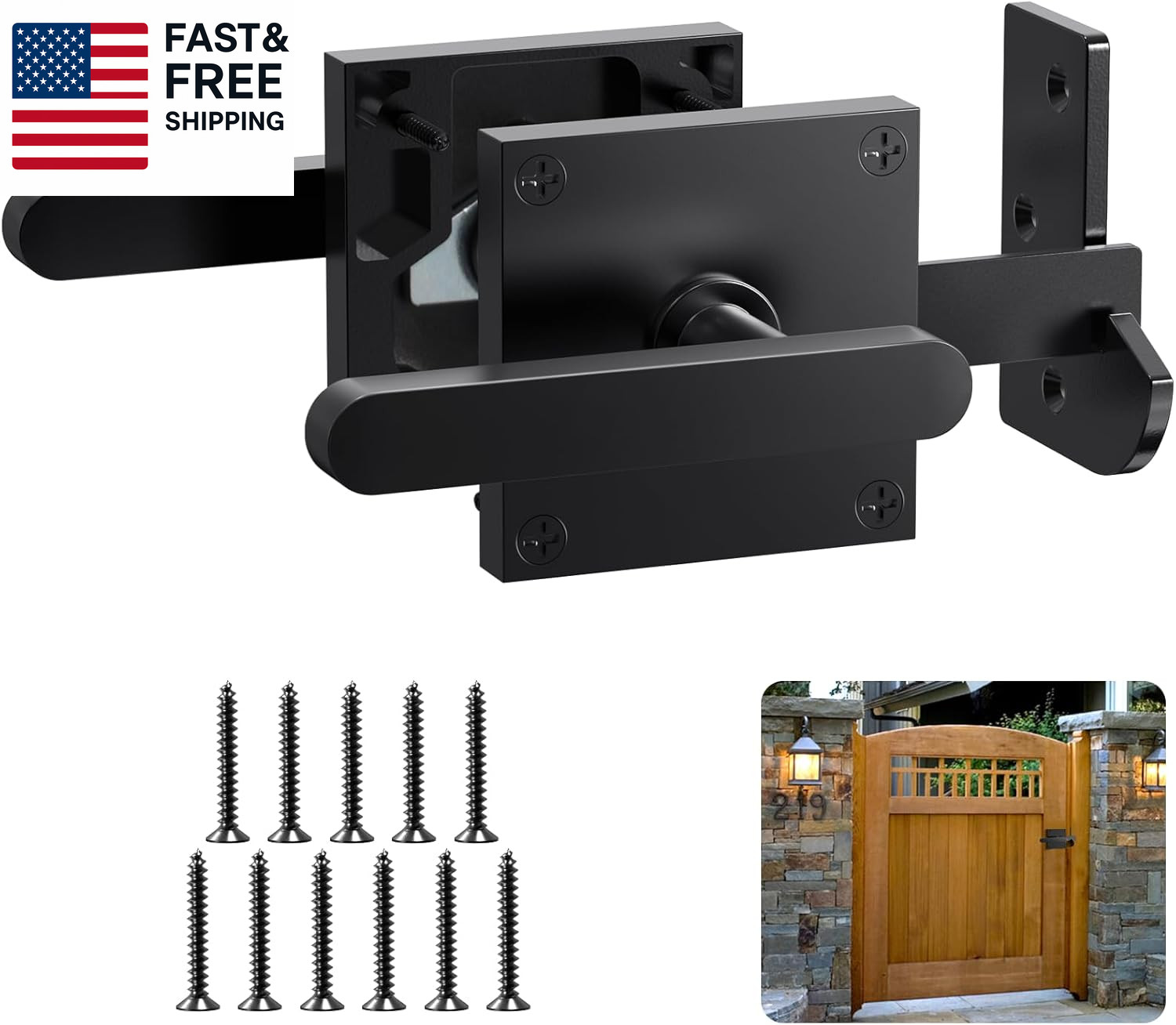 Double Side Gate Latch, Heavy Duty Gate Latch for Wooden Fence, Black Fence Gat