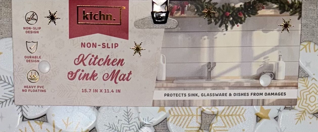 Ktchn. White, Silver, & Gold Snowflake Print Sink Mat