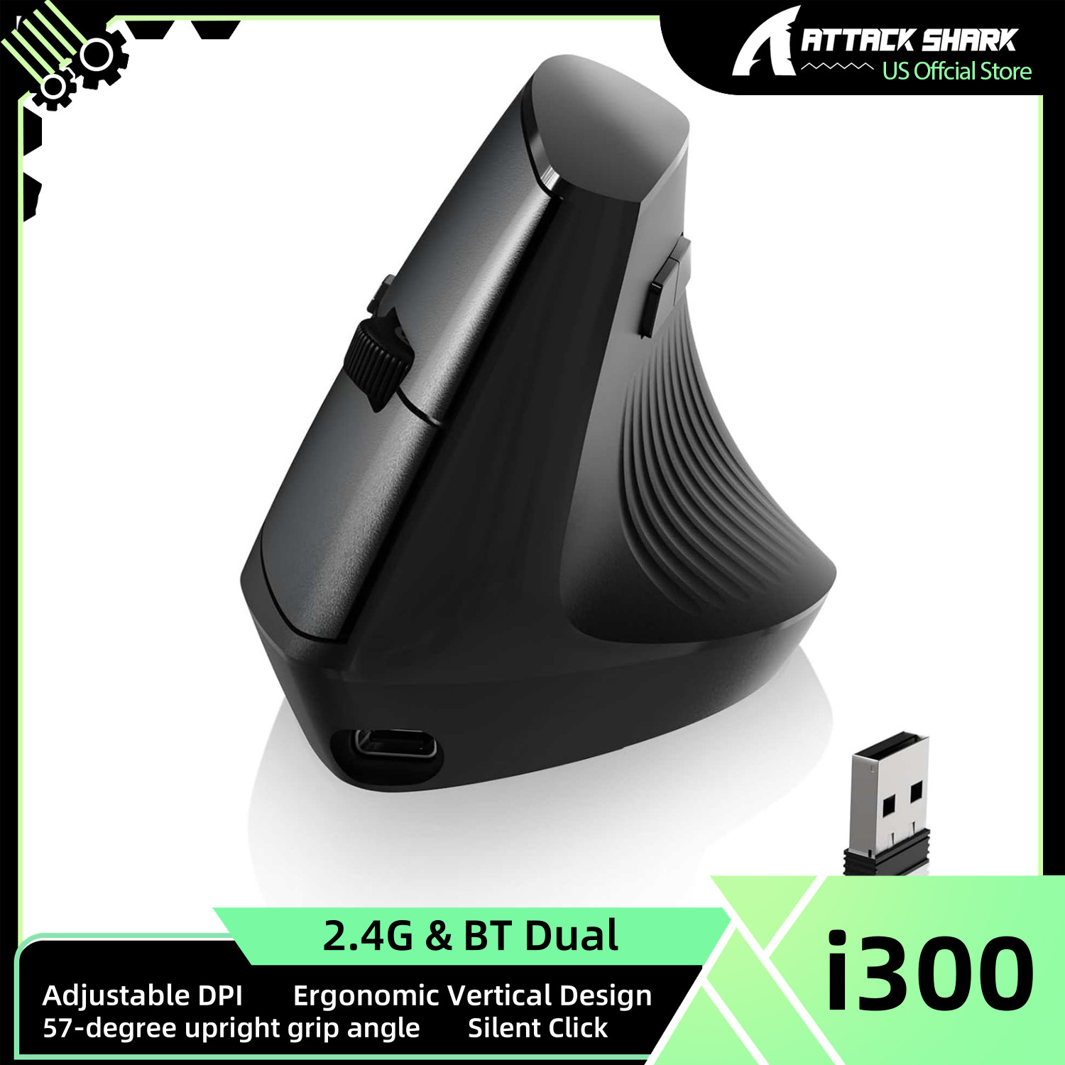 AJAZZ x ATTACK SHARK  I300 Vertical Ergonomic Optical Mouse, Dual Wireless Mouse