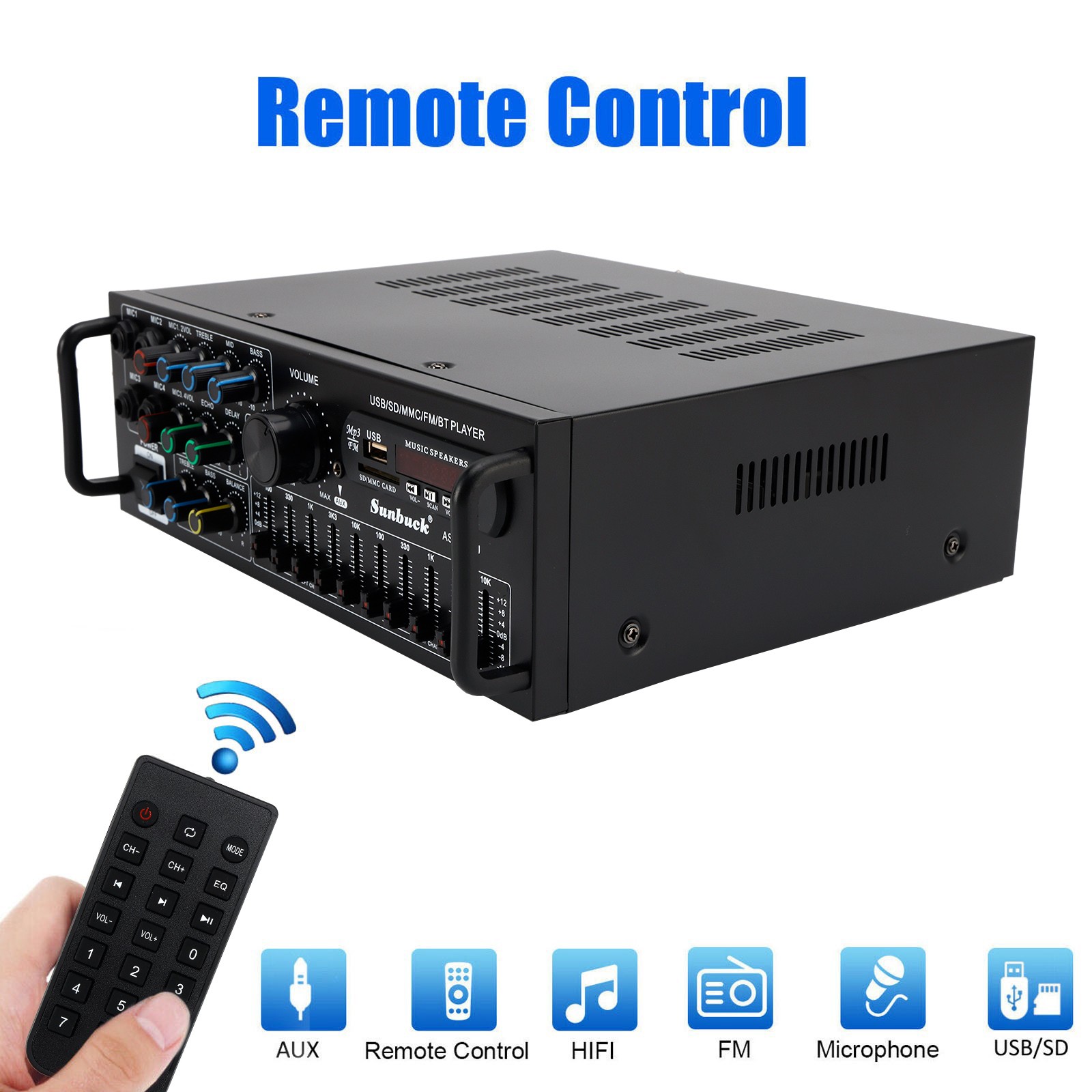 SUNBUCK 400W RMS 2000W Peak Stereo Amp BT 5.0 USB/SD FM Mic Inputs Home Car