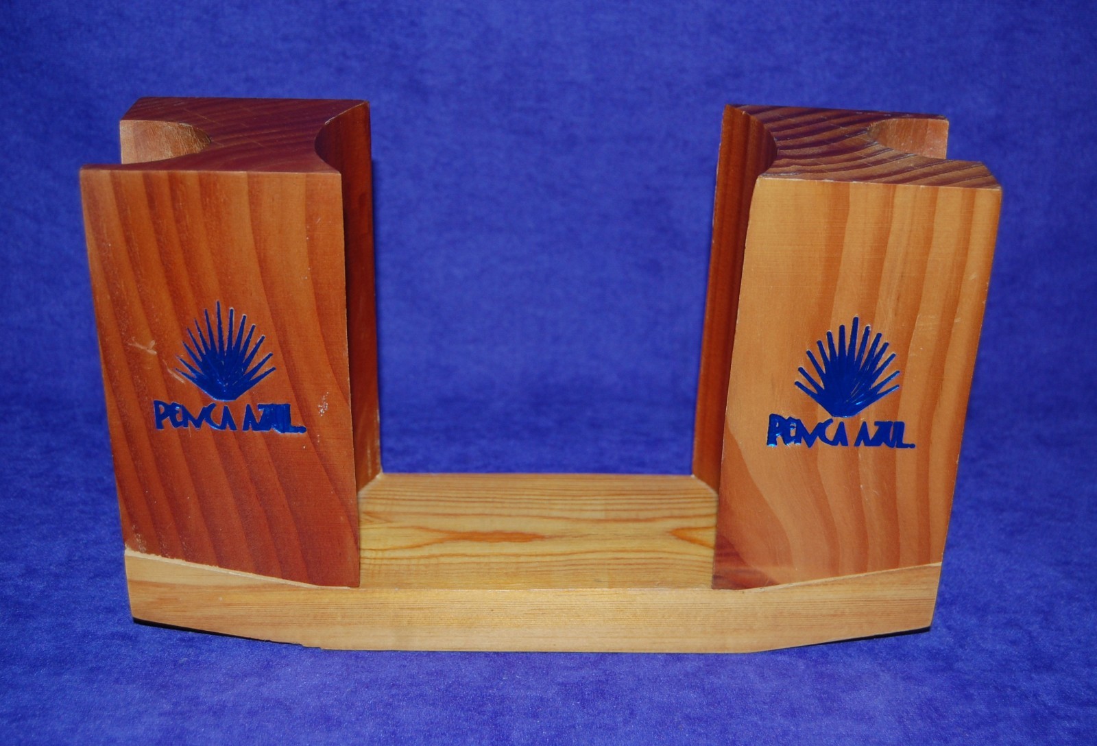 RARE Penca Azul Tequila Logo Wood Rack holds a Tequila Bottle and 4 Shot Glasses