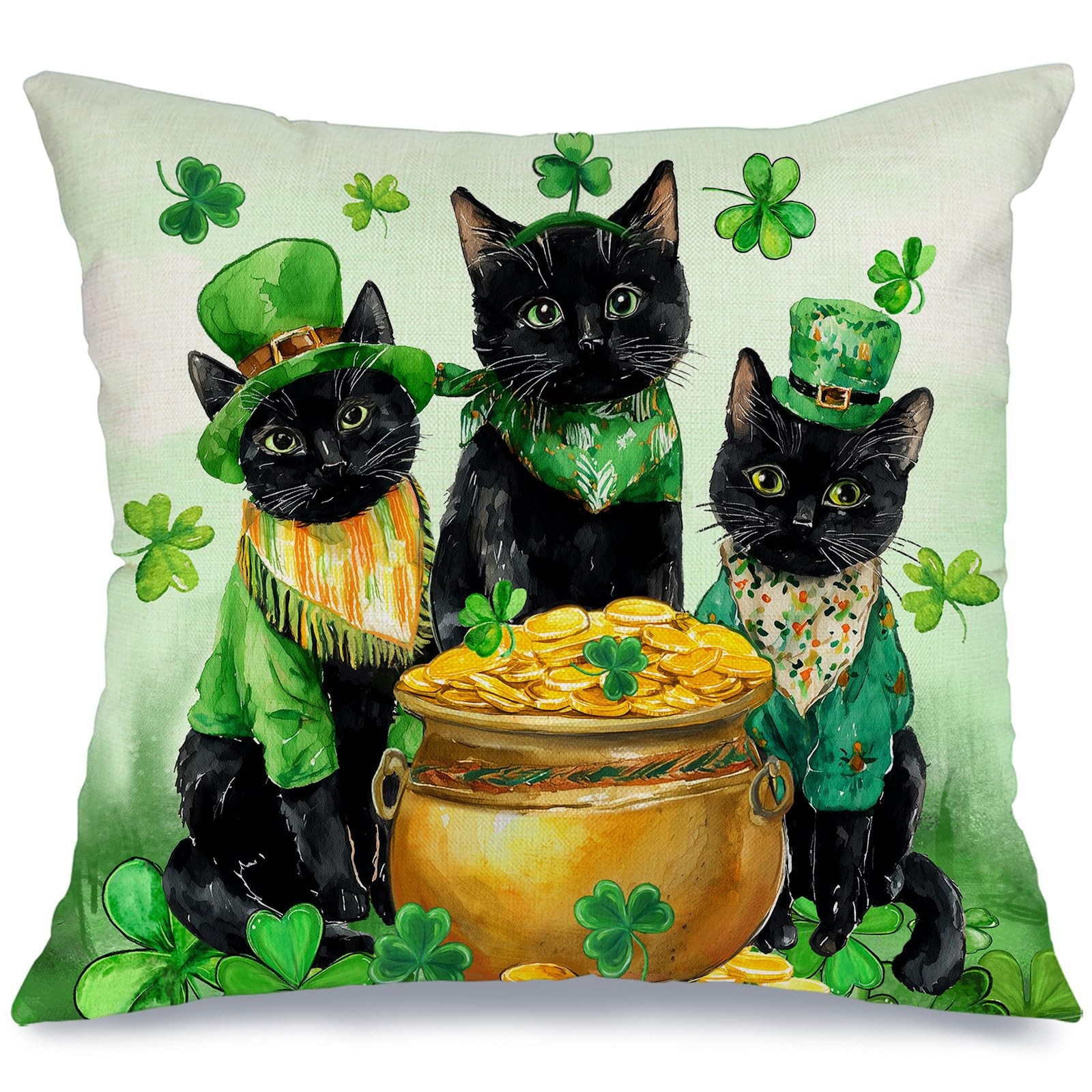 St.Patrick's Day Pillow Cover 18x18 Inch - Cat Shamrock Gold Coins Decor, Farmho