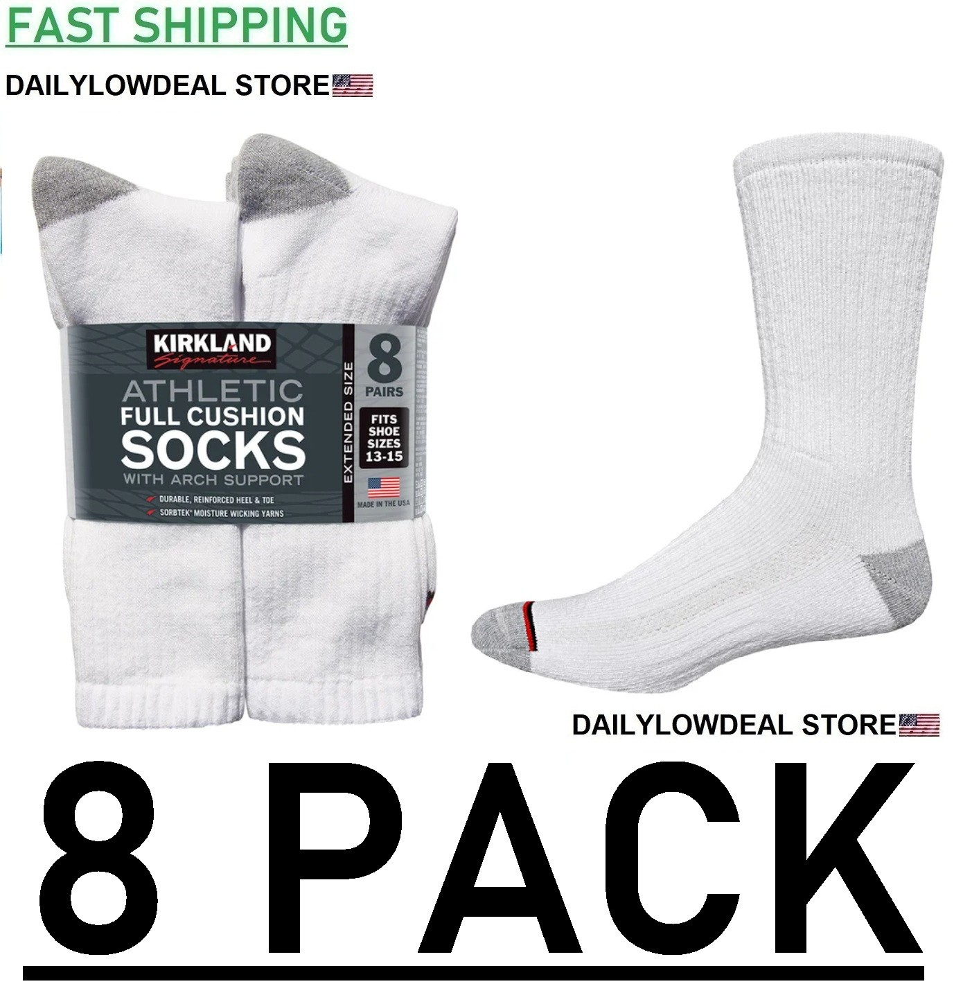 Kirkland Signature Men’s Athletic Socks 8 Pair White Color - Made in USA** NEW**