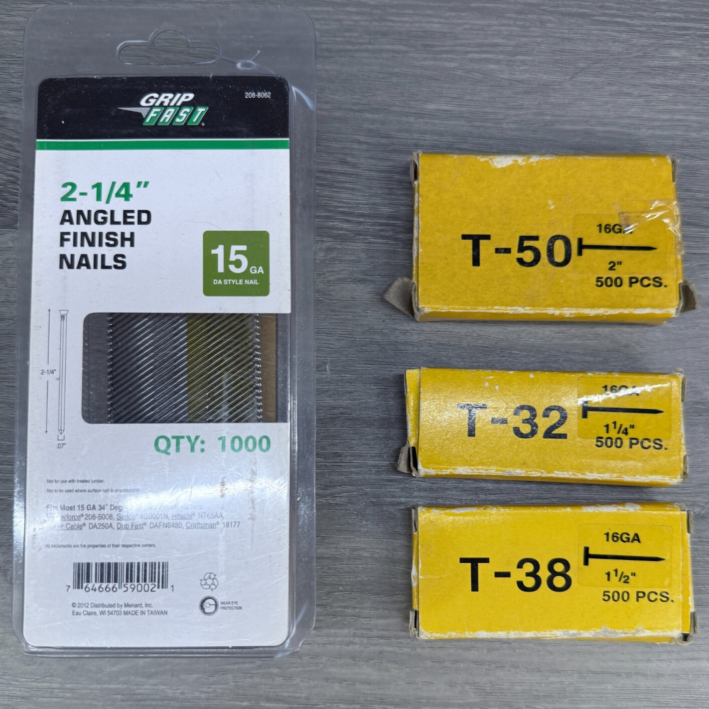 Mixed Lot of 16 Gauge & 15 Gauge Nails 1200 Total T-50, T-32, T-38 & 2.25" Angle